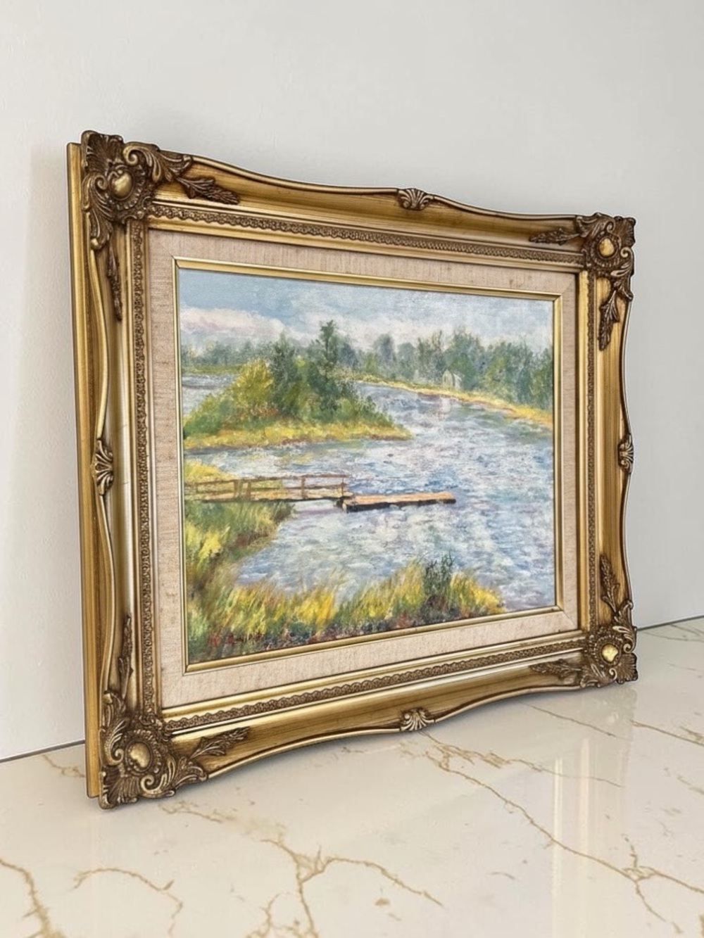 Original Mystic River Landscape Oil Painting in Blue and Green